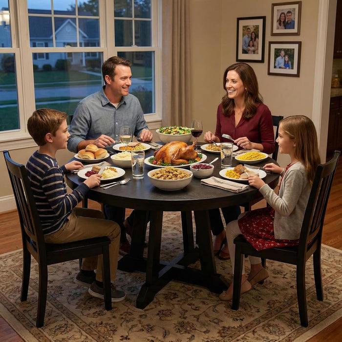 round Dining Table for 4, 47 Inches Dining Room Table with Wooden Base, Kitchen Table with Circle Tabletop, Dinner Table for Dining Room, Kitchen, Living Room, Black