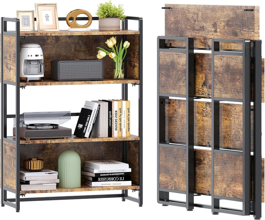 No Assembly 4 Tiers Folding Bookshelf 44.41''H Extra Storage,Rustic Brown