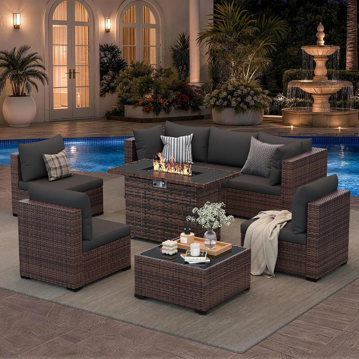 Patio Furniture Set with Fire Pit Table, 8-Piece Wicker Patio Set