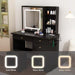 Black Makeup Vanity Set Dressing Table with Sliding LED Lighted Mirror Power Strip and Hair Dryer Holder, Drawers, Stool