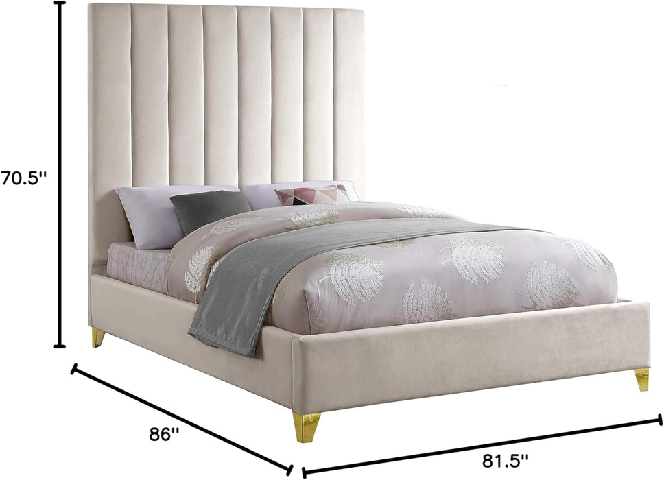 Viacream-K via Collection Modern | Contemporary Velvet Upholstered King Bed, Rich Cream , Deep Channel Tufting, Gold and Chrome Legs, 81.5" W X 86" D X 70.5" H, Cream