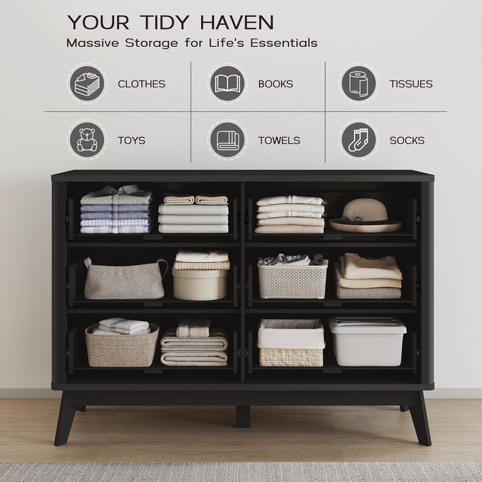 GRAINELL 49.6'' Modern Wooden Dresser with 6 Drawers for Bedroom, (Black)