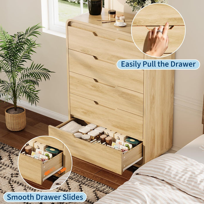 Natural 49-Inch Tall Wooden 5-Drawer Dresser Storage