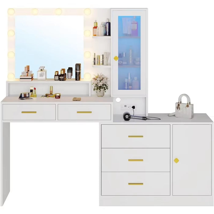 Makeup Vanity with Lights Vanity Desk with Mirror, Large Vanity Table Set with Drawer Dresser, Charging Station & RGB Cabinets