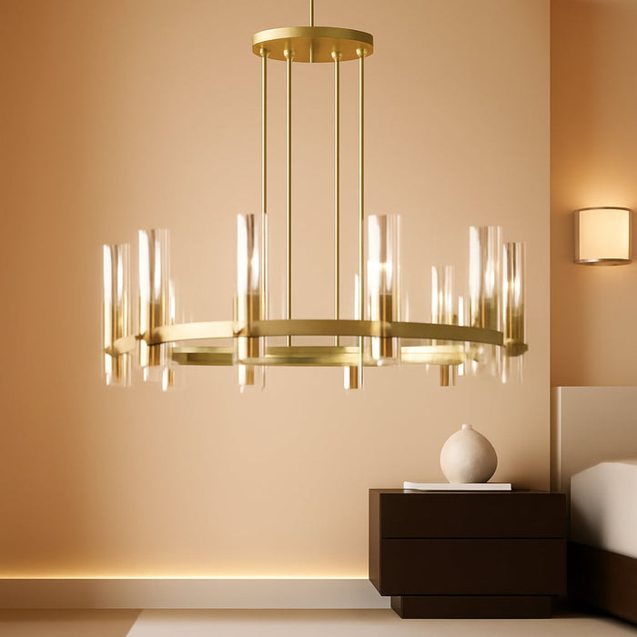 12 Light Brass round Chandelier 36" Wagon Wheel Chandeliers for Dining Room Light Fixture Clear Glass Tube Chandelier Modern Farmhouse Chandeliers for Livingroom Foyer, Bulb Included