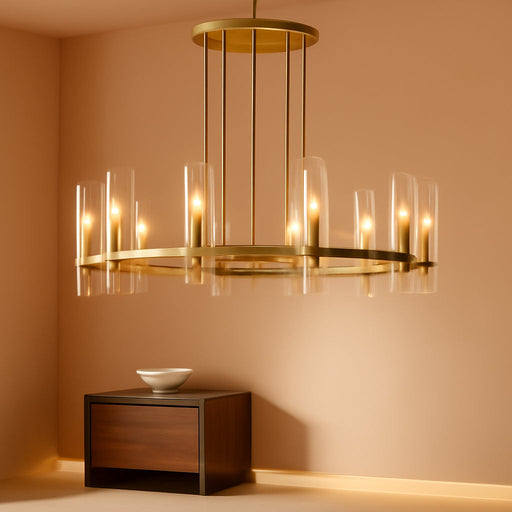 12 Light Brass round Chandelier 36" Wagon Wheel Chandeliers for Dining Room Light Fixture Clear Glass Tube Chandelier Modern Farmhouse Chandeliers for Livingroom Foyer, Bulb Included