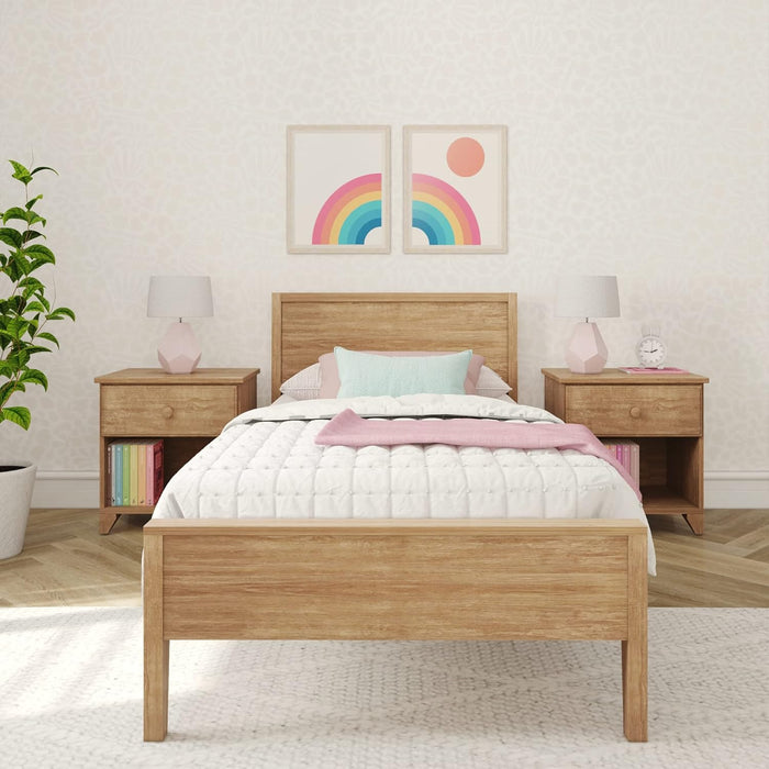 Twin Bed, Solid Wood Twin Bed Frame with Panel Headboard, Kids Twin Bed with Wood Slat Support, No Box Spring Needed, Pecan