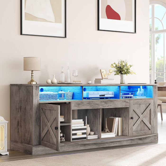 TV Stand for 75/80 Inch TV, Light Rustic Grey Entertainment Center 70 Inches Wide, Media Furniture TV Table with with Power Outlet, TV Consoles for Living Room, Curved Desktop