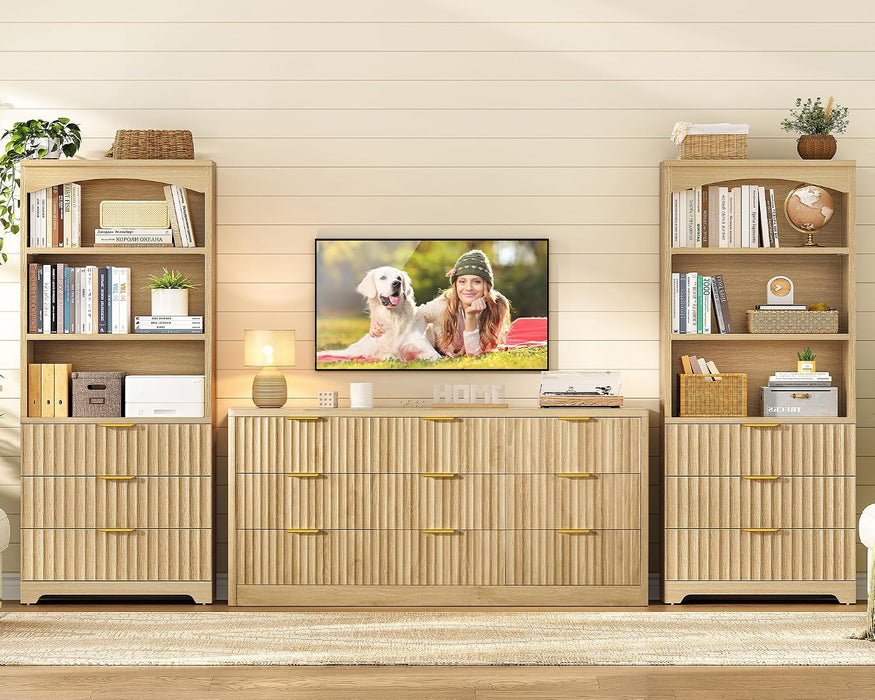 63.3" Tall Bookshelf, Bookshelves and Bookcases with Drawers, Arched Design Bookcase with Storage Cabinet, Natural Wood Grain Wave Pattern Storage Shelves for Living Room, Bedroom,Office