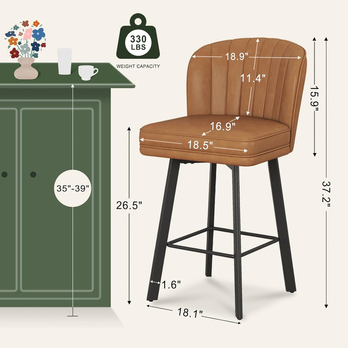 Swivel Counter Height Bar Stools Set of 4, 26'' Modern Barstools with Backs and Metal Legs, Upholstered Bar Chairs, Faux Leather Whiskey Brown Stools for Kitchen Island Chairs