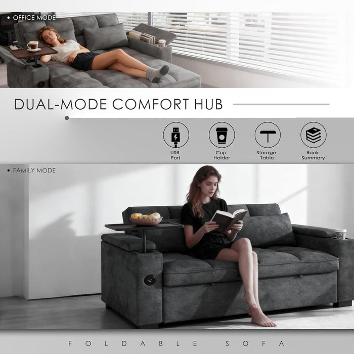 65Inch Grey Chenille Convertible Sleeper Sofa Table