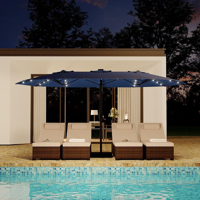 15FT Rectangular Outdoor Umbrella Patio Umbrella with Solar Lights & Base Included Large Market Umbrellas with Crank Handle UV Protection Table Umbrellas for Outdoor, Backyard, Deck, Navy Blue