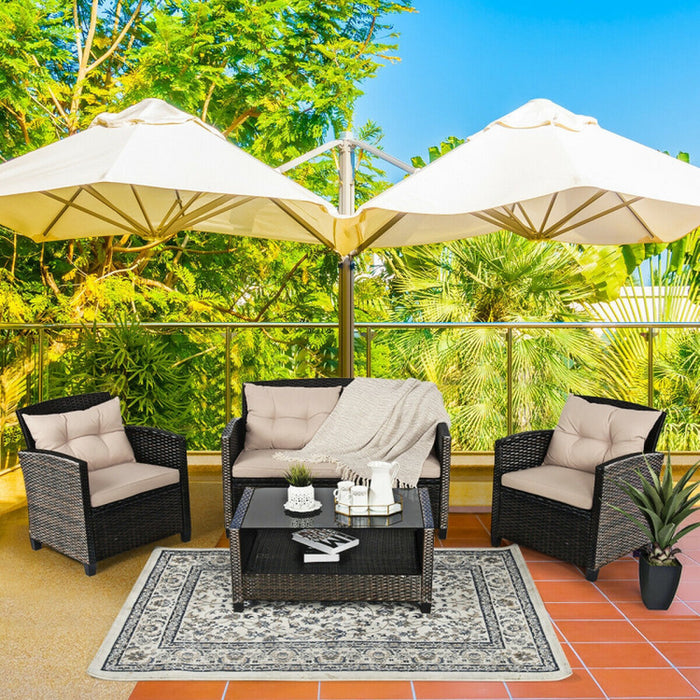 4 Pieces Outdoor Rattan Furniture Set with Glass Table