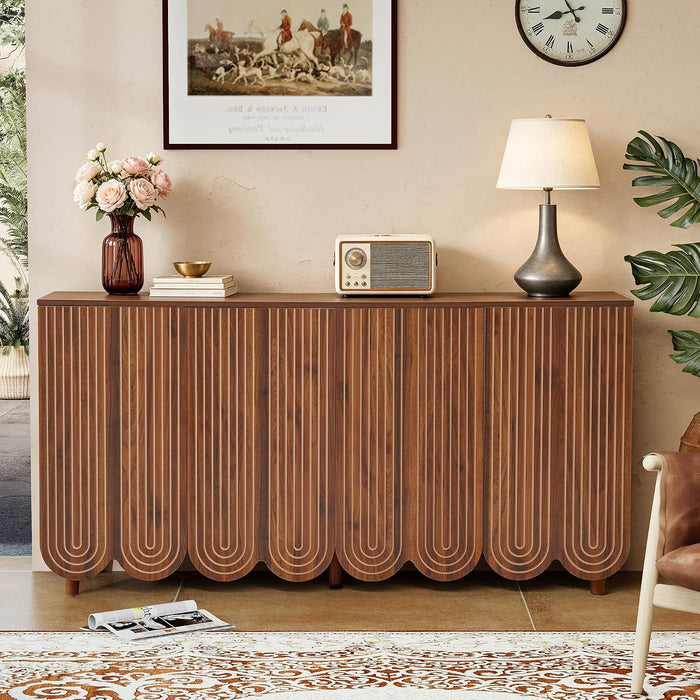 Walnut Buffet Cabinet Set With IndustrialStyle Shelves