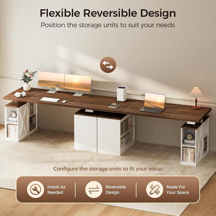 Farmhouse 55 Inch Electric Standing Desk with Storage, Walnut+White