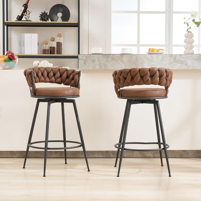 Swivel Bar Stools Set of 2, 28 Inches Modern Counter Height Bar Stools with Woven Back, Upholstered Suede Tall Barstools for Kitchen Island, Cafe, Dark Brown