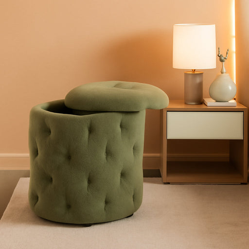 Erindale round Storage Ottoman, 18.75 Inch Diamond Tufted, Plush Lined Interior, Moss Green Fabric