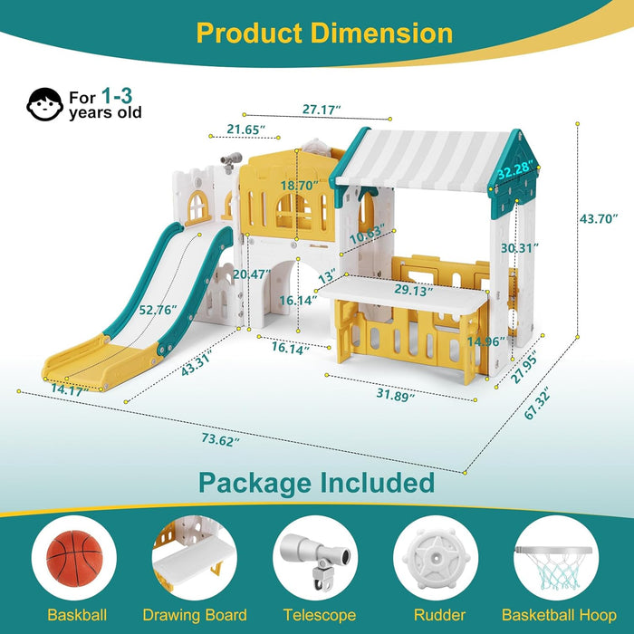 9 in 1 Toddler Slide, Freestanding Kid Climber Slide Playset, Toddler Playhouse with Slide, Basketball Hoop and Climbing Frame, Indoor Outdoor Backyard Playground Toy for Toddlers Age 1-3+