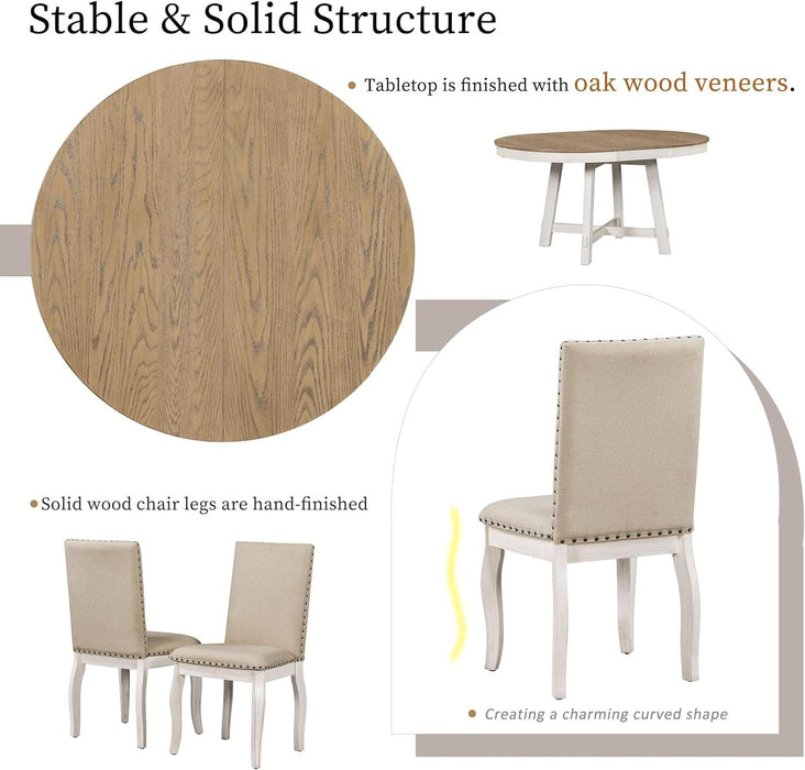 TREXM 5-Piece Farmhouse Dining Table Set Wood round Extendable Dining Table and 4 Upholstered Dining Chairs (Oak Natural Wood + Antique White)
