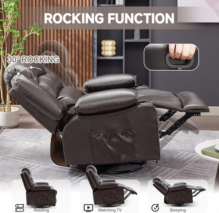 Rocker Recliner Chair with Heat and Massage, 360° Swivel Recliner Chairs for Adults, Oversized Recliner Single Sofa Seat with Cup Holders, Lazy Boy Recliner Single Sofa Seat, Darkbrown