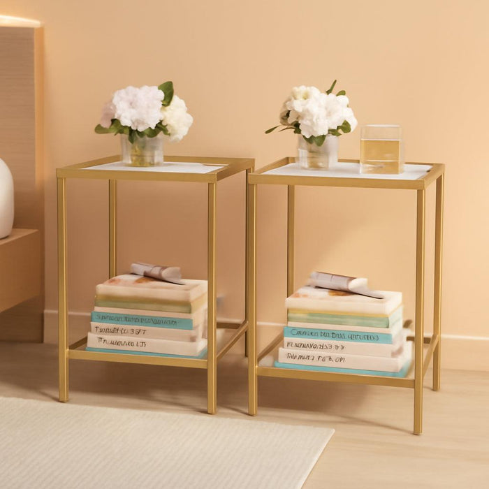 Side Tables Set of 2, End Tables with Tempered Glass, 2-Tier Nightstands with Storage Shelves, Coffee Table with Modern Style, Slim Sofa Table for Living Room, Bedroom, 11.8" D X 15" W, Golden