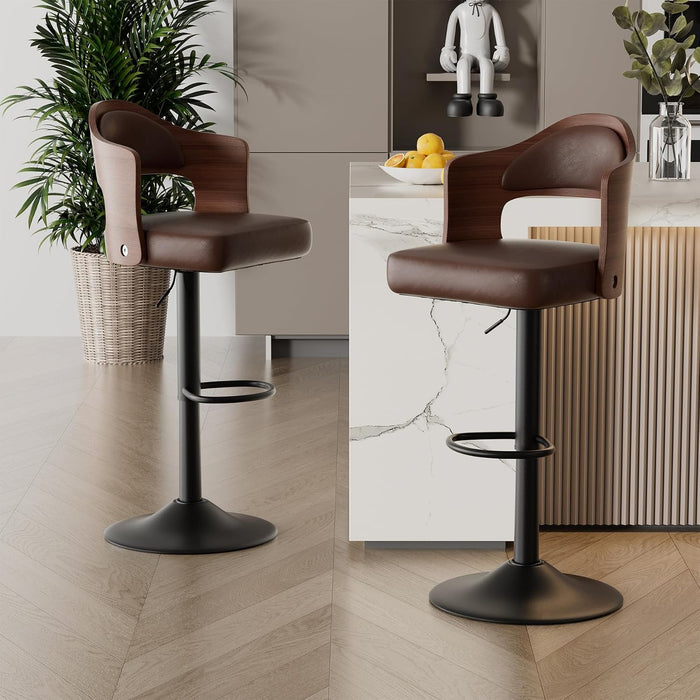 Swivel Bar Stools Set of 3,Bentwood Adjustable Height Barstools | Upholstered Seat,Easy-Clean PU Leather,Back& Footrest, Mid Century Modern Bar Chair for Counter, Kitchen Island, Brown