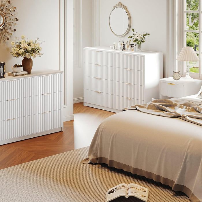Modern Fluted 8-Drawer Dresser, Large Capacity Chest of Drawers, with Metal Handles & Anti-Tip, Wooden Storage Organizer for Bedroom, Living Room, Hallway, White