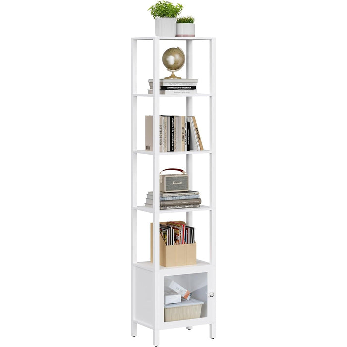 6 Tier  and Bookshelf, Narrow Book Shelf with Door for Small Space, for Living Room, Office, Study, Entryway, White BS03BW006