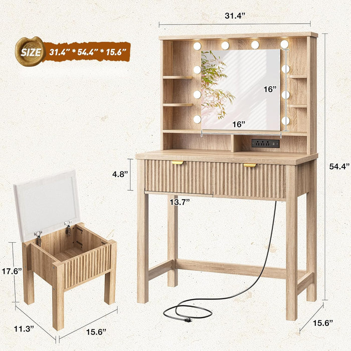 Vanity Desk with Mirror and Lights, Storage Stool Included, Oak | 3 Adjustable Lighting Modes, Charging Station for Vanity