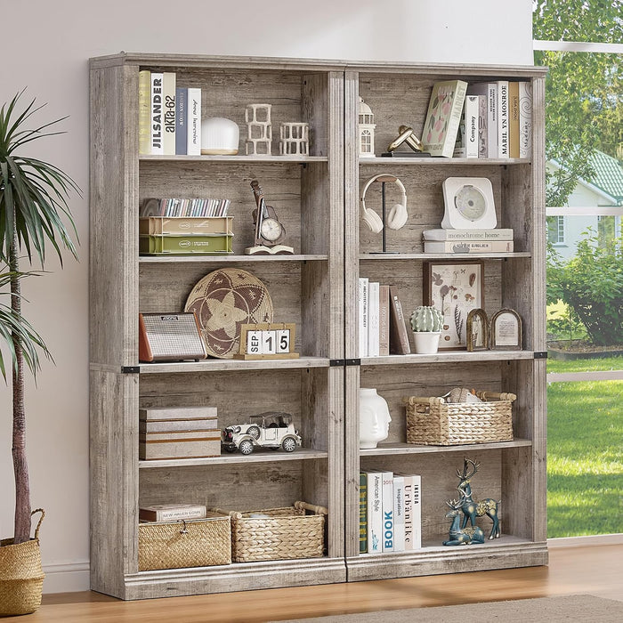70" Grey Tall Bookcase, 5 Tier Wooden Standing Farmhouse Bookshelf
