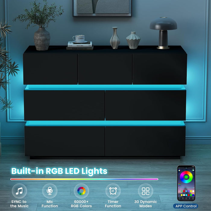 7 Drawer Dresser with LED Lights, Modern Black Dresser for Bedroom