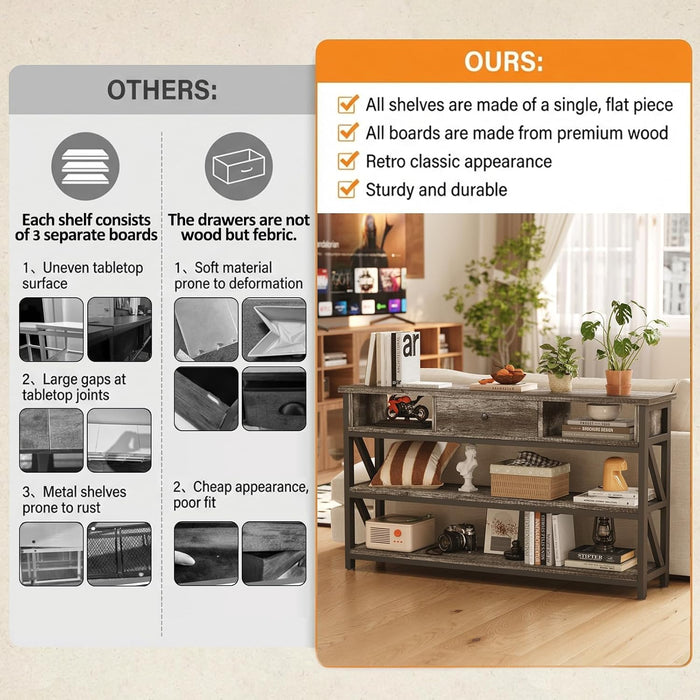47 Inch Console Sofa Table with Drawer, Industrial Entryway Table with Storage Shelves, Storage Organizer for Hallway Living Room Couch Foyer Kitchen Counter, Grey Oak