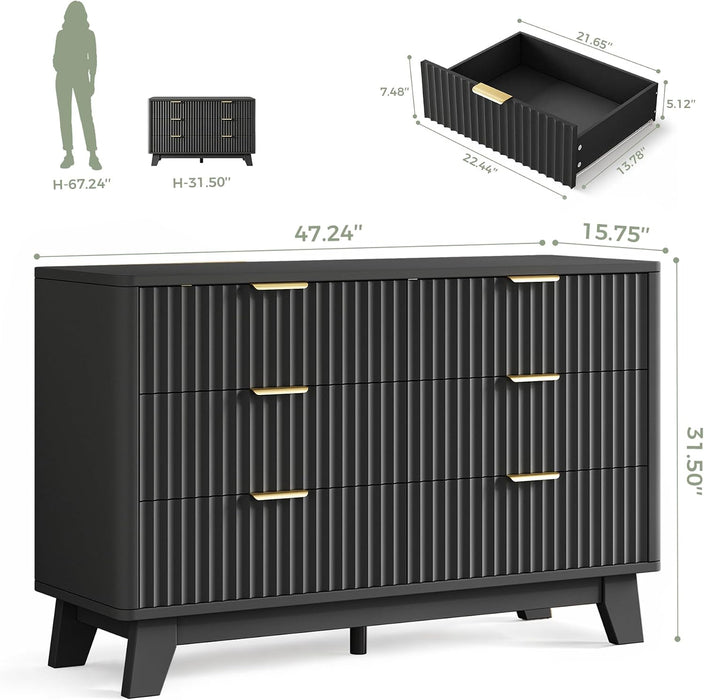 Fluted 6 Drawer Dresser for Bedroom, Modern Chest of Drawers with Metal Handle, Wooden TV Stand with Curved Profile Design, Closet Clothes Storage Organizer for Living Room/Hallway (Black)