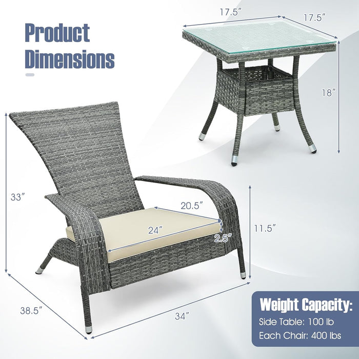 3-Piece Wicker Adirondack Set, Ergonomic Oversized Rattan Chairs W/Coffee Table, Comfy Seat Cushions, Tempered Glass Tabletop, Patio Wicker Conversation Set for Porch (Wicker, 3-Pc)
