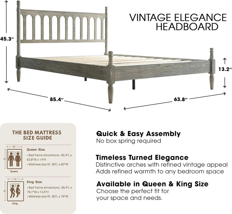 Queen Size Bed Frame, Solid Wood Platform Bed with Headboard & Footboard, Central Metal Legs, 12 Sturdy Slatted Base, Anti-Noise & Slip-Free, No Box Spring Needed, Weathered Gray Oak Finish WCQ-34
