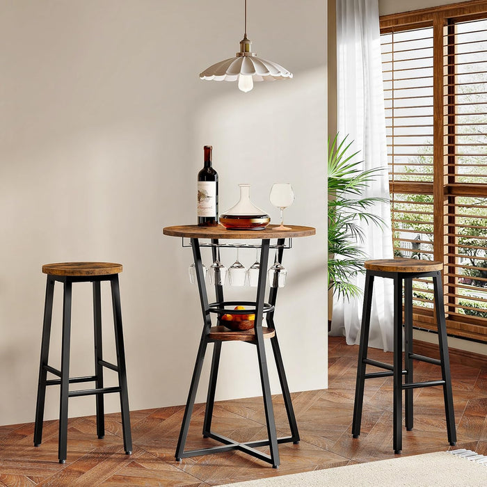 round Bar Table, 2-Tier Counter Height Pub Table with Wine Glass Holder, Industrial Cocktail Table, for Small Space, Tavern, Living Room, Dining Room, Patio, Rustic Brown and Black BF62BT01G1