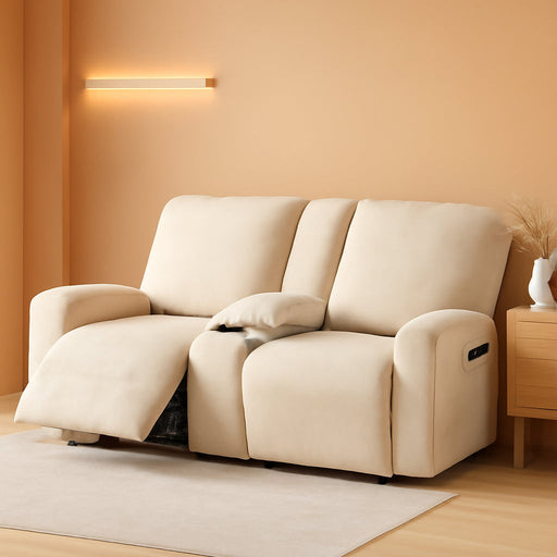 Reclining Love Seat with Middle Console Slipcover, 8-Piece Velvet Stretch Loveseat Reclining Sofa Covers, 2 Seat Love Seat Recliner Cover, Thick, Soft, Washable, Love Seat Slipcovers (Ivory)