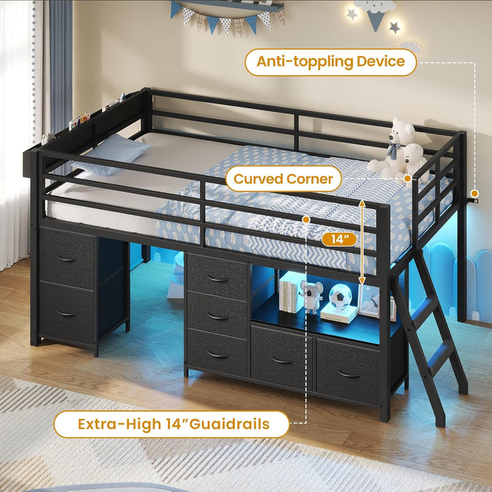 Low Loft Bed Twin Size with 7 Storage Drawers, Bookcase and LED Lights, Metal Kids Loft Bed with 14" H Safety Guardrail,Inclined Ladder and Play Curtain, Under-Bed Play Space, Black