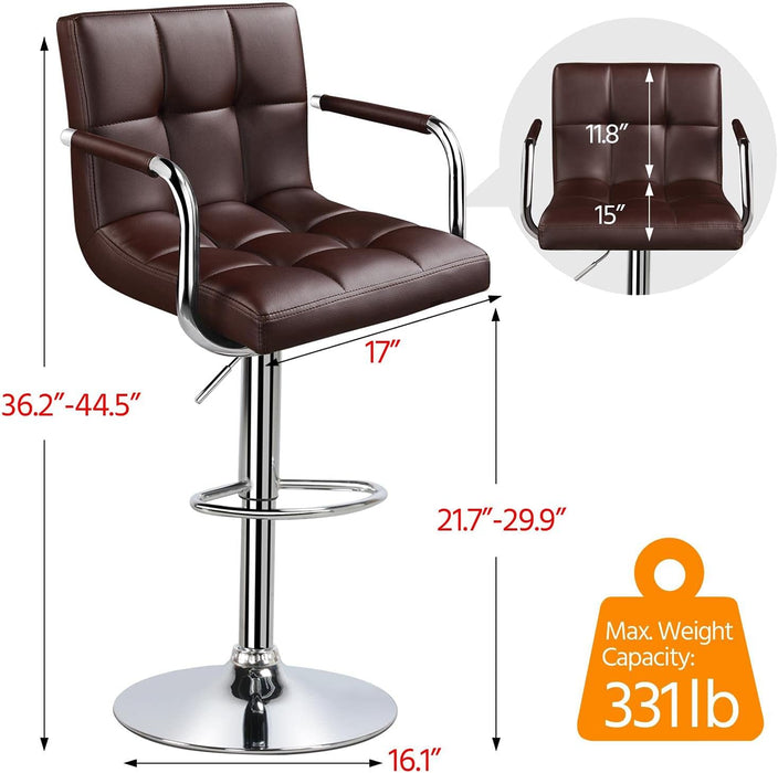Tall Bar Stools Set of 2 Modern Square PU Leather Adjustable Barstools Counter Height Stools with Arms and Back Bar Chairs 360° Swivel Stool, Brown