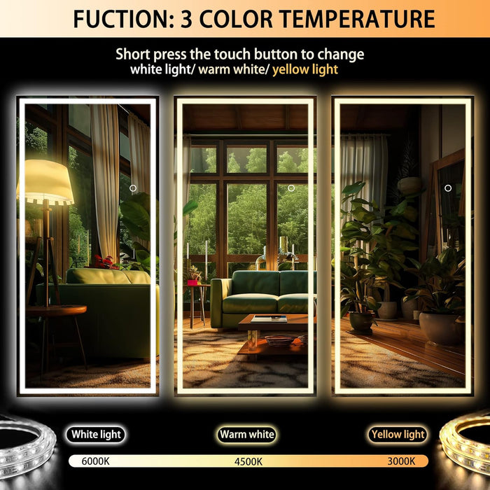 Full Length Mirror with Lights, 71" X 24" LED Lighted Floor Standing, Full Body Dressing Hanging Mounted Mirror, Dimmable, Tempered Glass, Safe to Use, Square Black