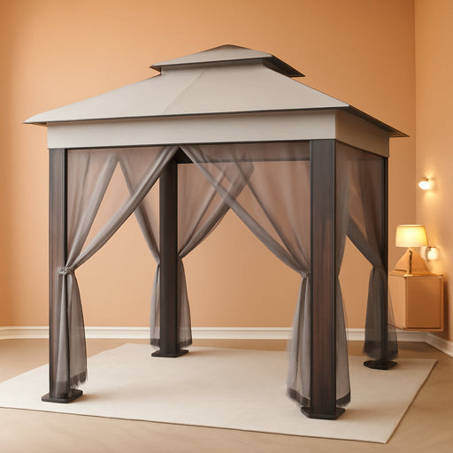 13' X 13' Pop up Gazebo, Hexagonal Canopy Shelter with 6 Zippered Mesh Netting, Event Tent with Strong Steel Frame for Patio Backyard Garden Wedding Party, Coffee and Beige