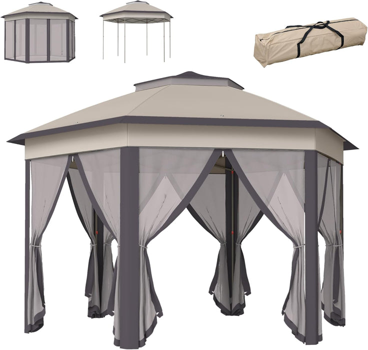 13' X 13' Pop up Gazebo, Hexagonal Canopy Shelter with 6 Zippered Mesh Netting, Event Tent with Strong Steel Frame for Patio Backyard Garden Wedding Party, Coffee and Beige
