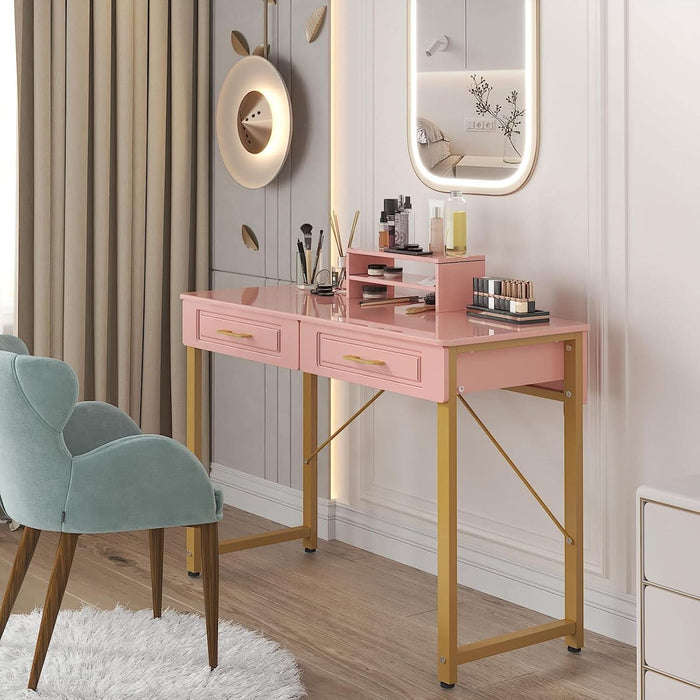 Vanity Desk with 2 Drawers and Storage Shelf, Modern Makeup Table with Glossy Desktop, Gold Metal Frame Writing Desk for Bedroom or Home Office, No Mirror