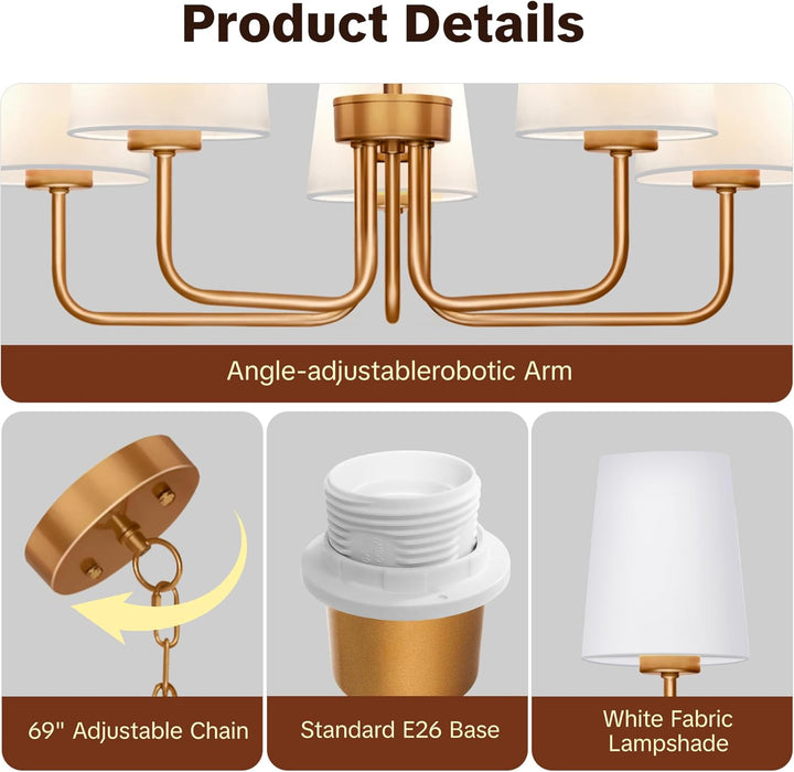 Farmhouse Chandelier, 5-Light Brass Chandelier with White Fabric Shade, Height Adjustable Modern Dining Room Light Fixture with E26 Base for Bedroom Foyer Hallway Entryway Kitchen Living Room