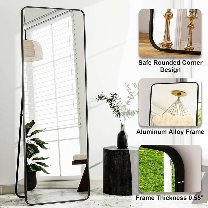 56"X21" Full Length Mirror, Black Rounded Corner Aluminum Frame Floor Standing Mirror Hanging/Leaning Wall for Living Room Bedroom Cloakroom