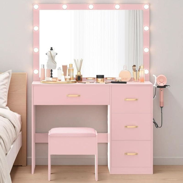 Vanity Desk with Large Mirror and Lights, Makeup Vanity Set with 11 LED Bulbs and Power Outlet, 4 Storage Drawer, Dressing Table with 3-Color Adjustable Lighting, Vanity Stool, Pale Pink