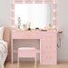 Vanity Desk with Large Mirror and Lights, Makeup Vanity Set with 11 LED Bulbs and Power Outlet, 4 Storage Drawer, Dressing Table with 3-Color Adjustable Lighting, Vanity Stool, Pale Pink