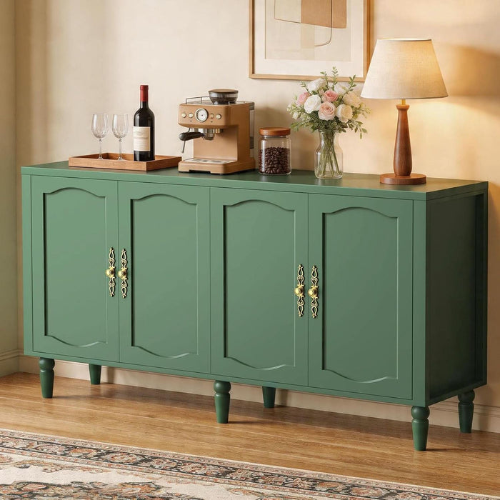 63" Sideboard Buffet Cabinet, Mid Century Modern Credenza Storage Cabinet with Carved Handle & Adjustable Shelves, Buffet Table Kitchen Coffee Bar for Living Room Dining Room - Green