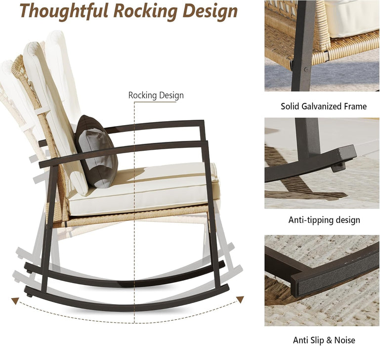 3 Piece Patio Rocking Chairs Set of 2, Outdoor Rocking Chair Bistro Set with Tempered Glass Coffee Table and Thick Lumbar Pillow Set, Front Porch Chairs for Garden, Backyard, Poolside (Beige)