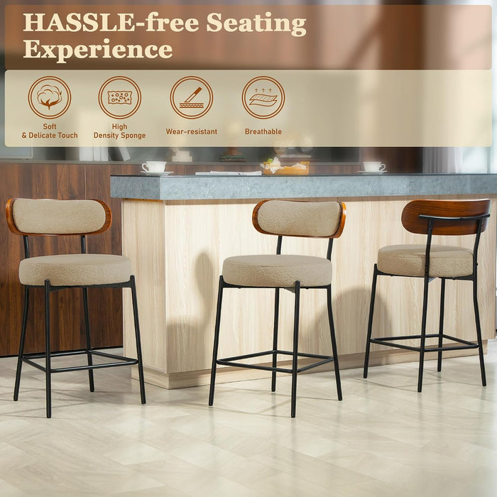 Bar Stools Set of 3 Boucle Seat Chair with Wood Back | 24 Inch,Upholstered,Metal Frame,Foot Rest,Light Brown,Mid Century Modern Barstools for Kitchen Island Dining Room